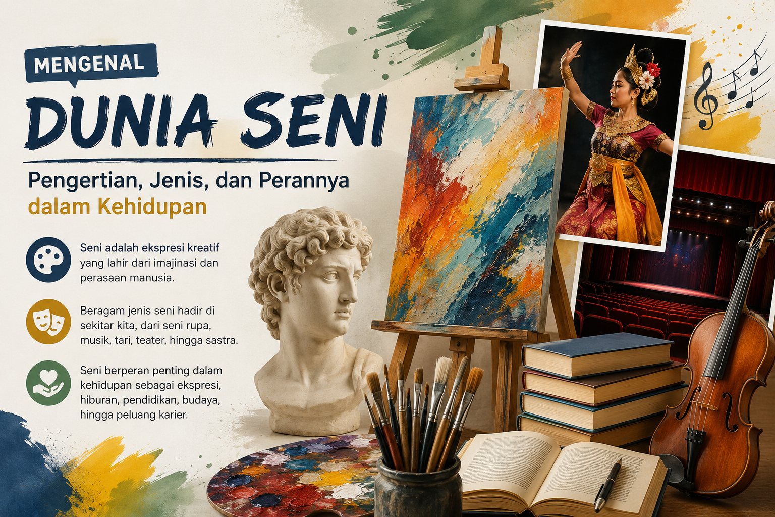 Mengenal dunia seni secara lengkap mulai dari pengertian, jenis-jenis seni, hingga perannya dalam kehidupan sehari-hari. Cocok untuk pemula.